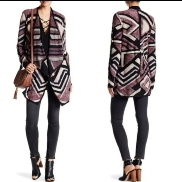 Lucky Brand | Purple Maroon Tribal Boho Aztec Intarsia Knit Open Cardigan Size M - Picture 2 of 4
